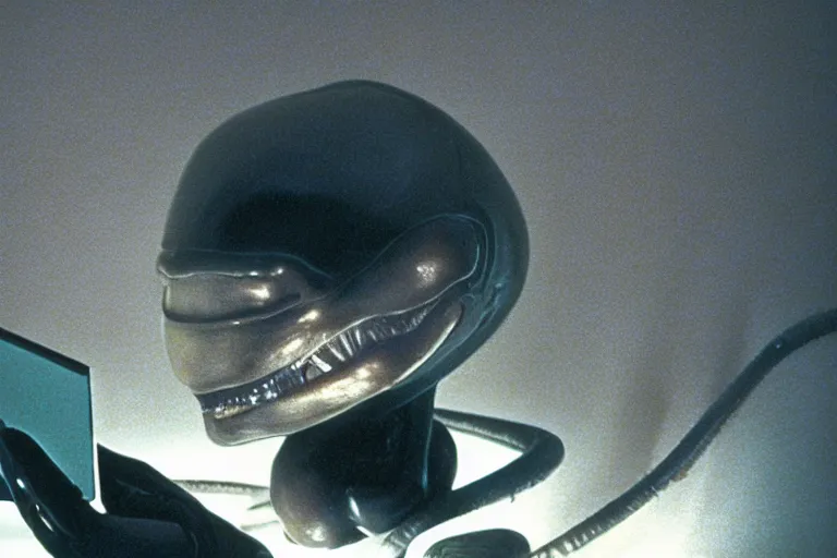 Image similar to alien using a computer to check her email submerged in translucent goo, over the shoulder perspective, in 1 9 8 5, y 2 k cybercore, industrial low - light photography, still from a kiyoshi kurosawa movie