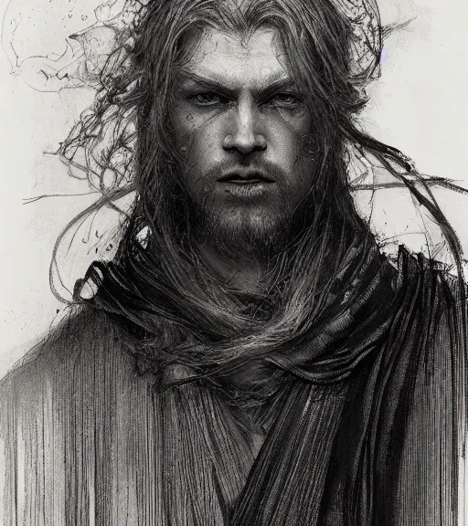 Image similar to portrait of man with long blond hair tied up wearing black robes, pen and ink, intricate line drawings, by craig mullins, ruan jia, kentaro miura, greg rutkowski, loundraw