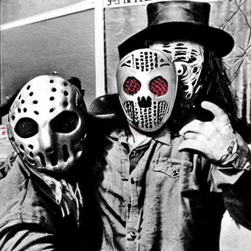 Prompt: Freddy Kruger and Jason voorhees together having fun at a carnival, campy photo