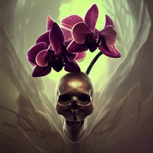 Image similar to An orchid shaped like a skull, by Cedric Peyravernay, highly detailed, excellent composition, cinematic concept art, dramatic lighting, trending on ArtStation