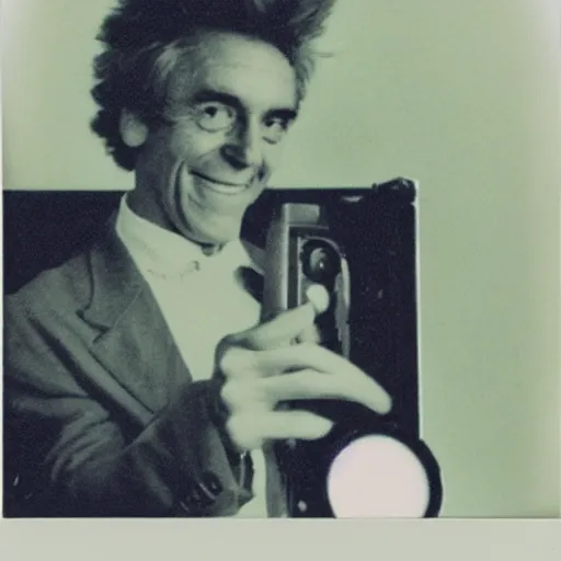 Image similar to old polaroid of a realistic rick sanchez holding his portal gun