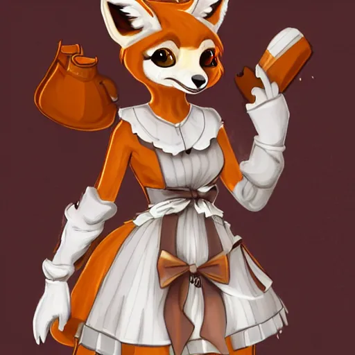 Image similar to a fox fursona wearing a maid outfit, highly detailed, digital art, trending on artstation, furry art