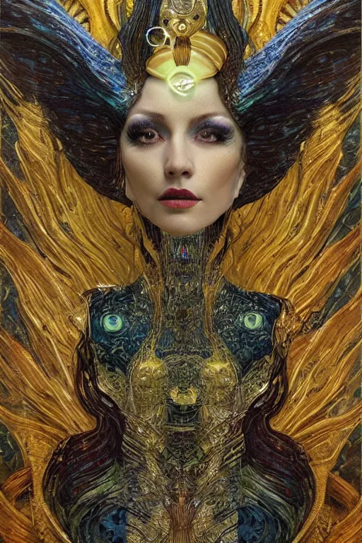 Image similar to Intermittent Chance of Chaos Muse by Karol Bak, Jean Deville, Gustav Klimt, and Vincent Van Gogh, trickster goddess, enigma, Loki's Pet Project, destiny, Poe's Angel, fate, Surreality, inspiration, muse, otherworldly, fractal structures, arcane, ornate gilded medieval icon, third eye, spirals