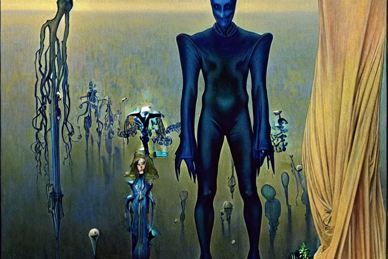 Image similar to realistic extremely detailed portrait painting of an elegantly creepy vampire man in cape, futuristic sci-fi landscape on background by Jean Delville, Amano, Yves Tanguy, Alphonse Mucha, Ernst Haeckel, Edward Robert Hughes, Roger Dean, rich moody colours, blue eyes