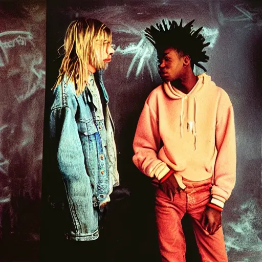 Image similar to basquiat with kurt cobain photographed by annie leibovitz in a hi end photo studio, color, photorealistic