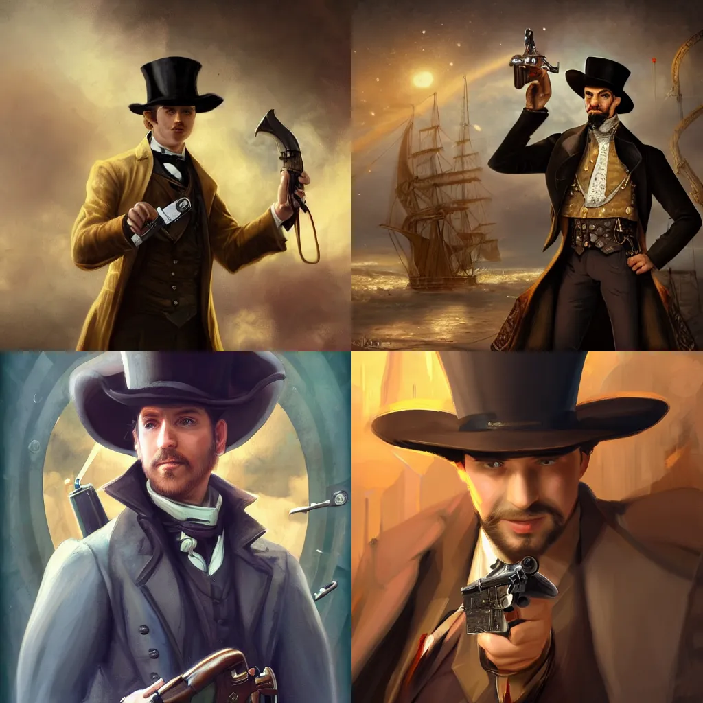 Prompt: a noble man in hat with revolver in hand posing on steam spaceship on background, steam romance, victorian, concept art, adventure, jonathan winterhart, detailed, 4k resolution, trending on artstation