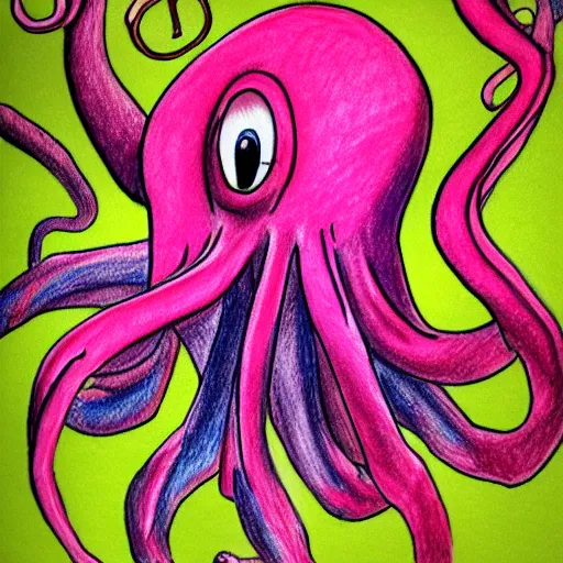 Image similar to multicolor drawing of a sad octopus wearing a pink hatin 4 k ultra high resolution, with arcane style with depressive feeling