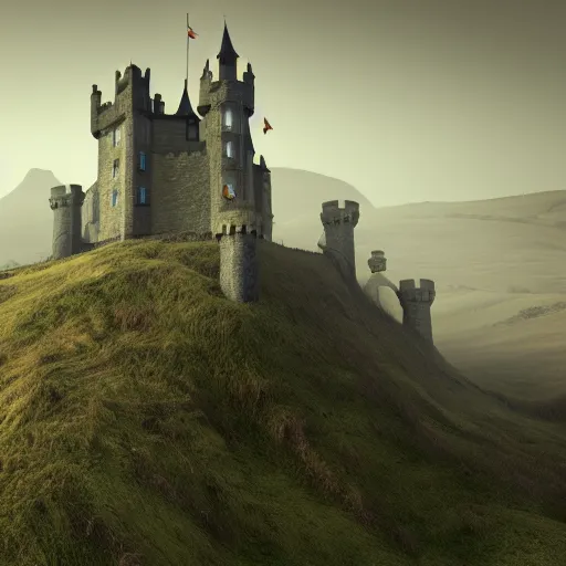 Prompt: a king a castle on some hills in england, cinematic, cgsociety, hyper detailed, octane render, unreal engine, foggy, middle of the day, photorealistic