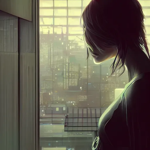 Prompt: portrait of cyberpunk woman looking out of a window, cyberpunk setting, futuristic, highly detailed, intricate lighting, digital painting, sharp focus, illustration, trending on artstation, art by makoto shinkai.