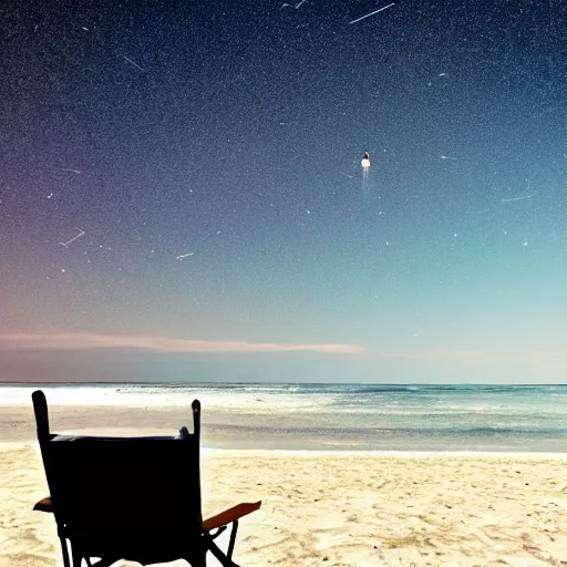 Image similar to man on beach siting in a chair watching the sky as a comet is heading towards earth