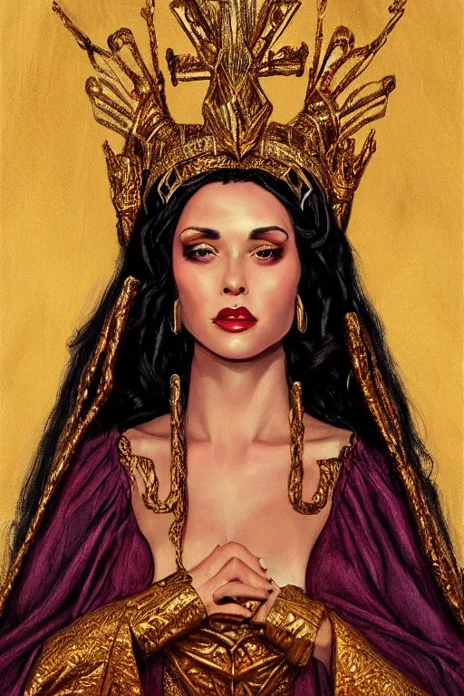 Prompt: Portrait of historically accurate, ancient biblical, sultry, sneering, evil, pagan, wicked, queen jezebel, wearing gilded robes, long hair, intricate, elegant, highly detailed, masterpiece, illustration, art by Andrew Loomis, highly detailed, trending on artstation, award winning