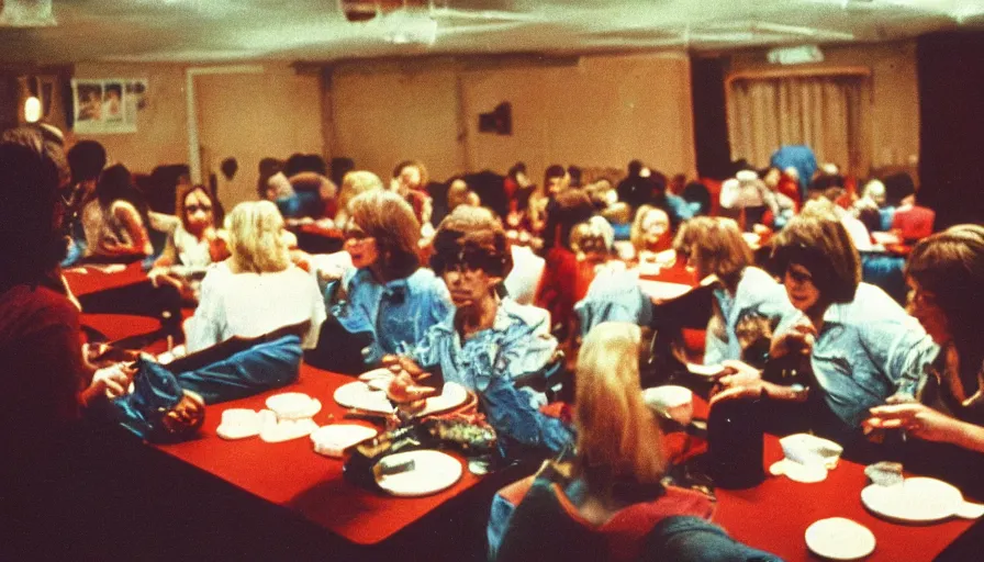 Image similar to 7 0 s film still from a horror movie about cannibalism and bingo night, kodachrome, cinecolor, cinestill, film grain, film texture, retro, cinematic, high resolution, photorealism,