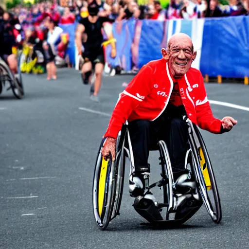 Image similar to photo of hector salamanca winning a wheelchair race, taken with a canon eos 5 d,