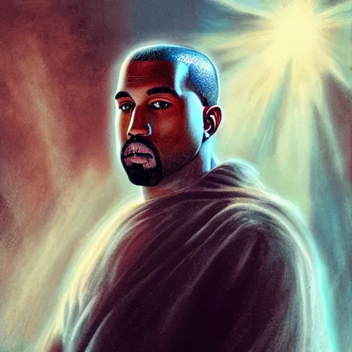 Image similar to Portrait of Kanye West as the god-emperor of mankind, amazing splashscreen artwork, splash art, natural light, elegant, intricate, fantasy, atmospheric lighting, cinematic, matte painting