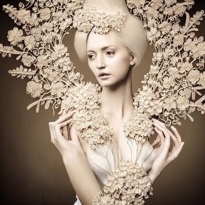 Prompt: photo portrait of a beautiful woman like a queen-flower-angel, dressed in long elegant intricate ornamental flowers white dress, natural skin tone, intricate fractal highly detailed flowers ornament in the upper side of breast, bust with a very long neck , elegant, highly detailed intricate flowers ornament in her blond long hair, Realistic, Refined, Highly Detailed, Cinematic pastel Lighting, fine art photography by Paolo Roversi, volumetric lighting, hyper realistic photography