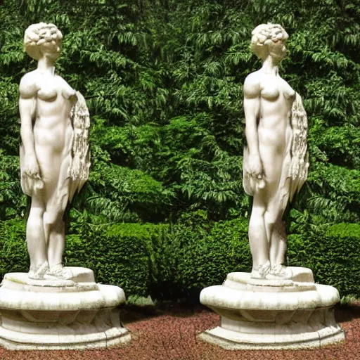 Prompt: stereoscopic photo of a statue in a garden. 3 d. stereoscopy.