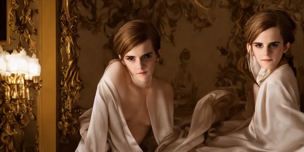 Image similar to portrait Emma Watson flowing silk robes baroque room cinematic lighting Stanley Kubrick canon 5d mk4