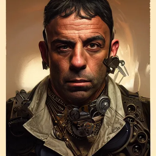 Image similar to joe rogan as a cyborg, portrait, western, steampunk, duster, fantasy, intricate, elegant, highly detailed, digital painting, artstation, concept art, sharp focus, illustration, art by artgerm and greg rutkowski and alphonse mucha