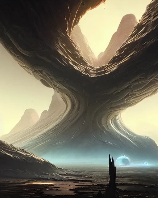 Image similar to professional ominous concept art of an alien planet landsacpe by artgerm and greg rutkowski ( thin white border ). an intricate, elegant, highly detailed digital painting, concept art, smooth, sharp focus, illustration, in the style of cam sykes, wayne barlowe, igor kieryluk.