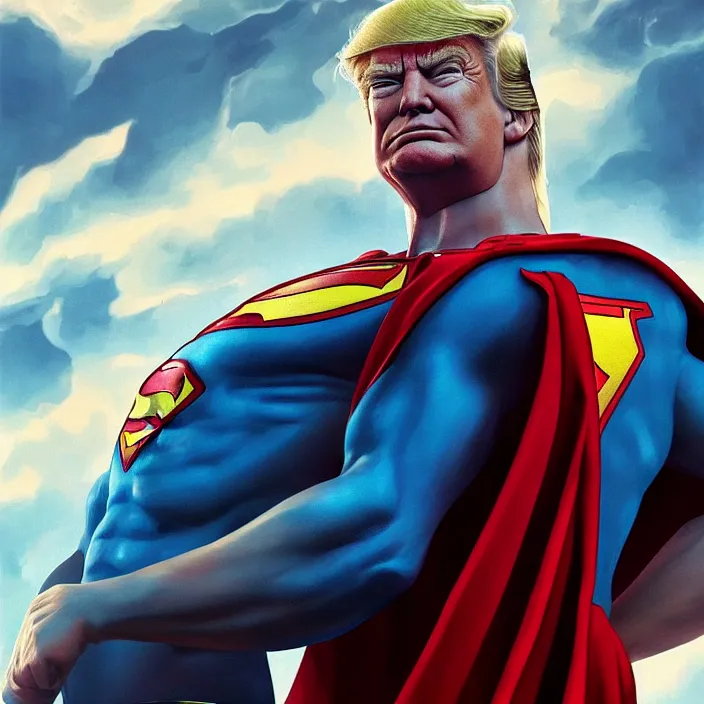 Image similar to donald trump as superman. intricate abstract. intricate artwork. by tooth wu, wlop, beeple, dan mumford. octane render, trending on artstation, greg rutkowski very coherent symmetrical artwork. cinematic, hyper realism, high detail, octane render, 8 k, iridescent accents