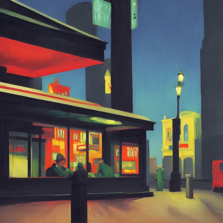 Image similar to dark city bus stop, painted by Edward Hopper and James Gilleard, oil painting