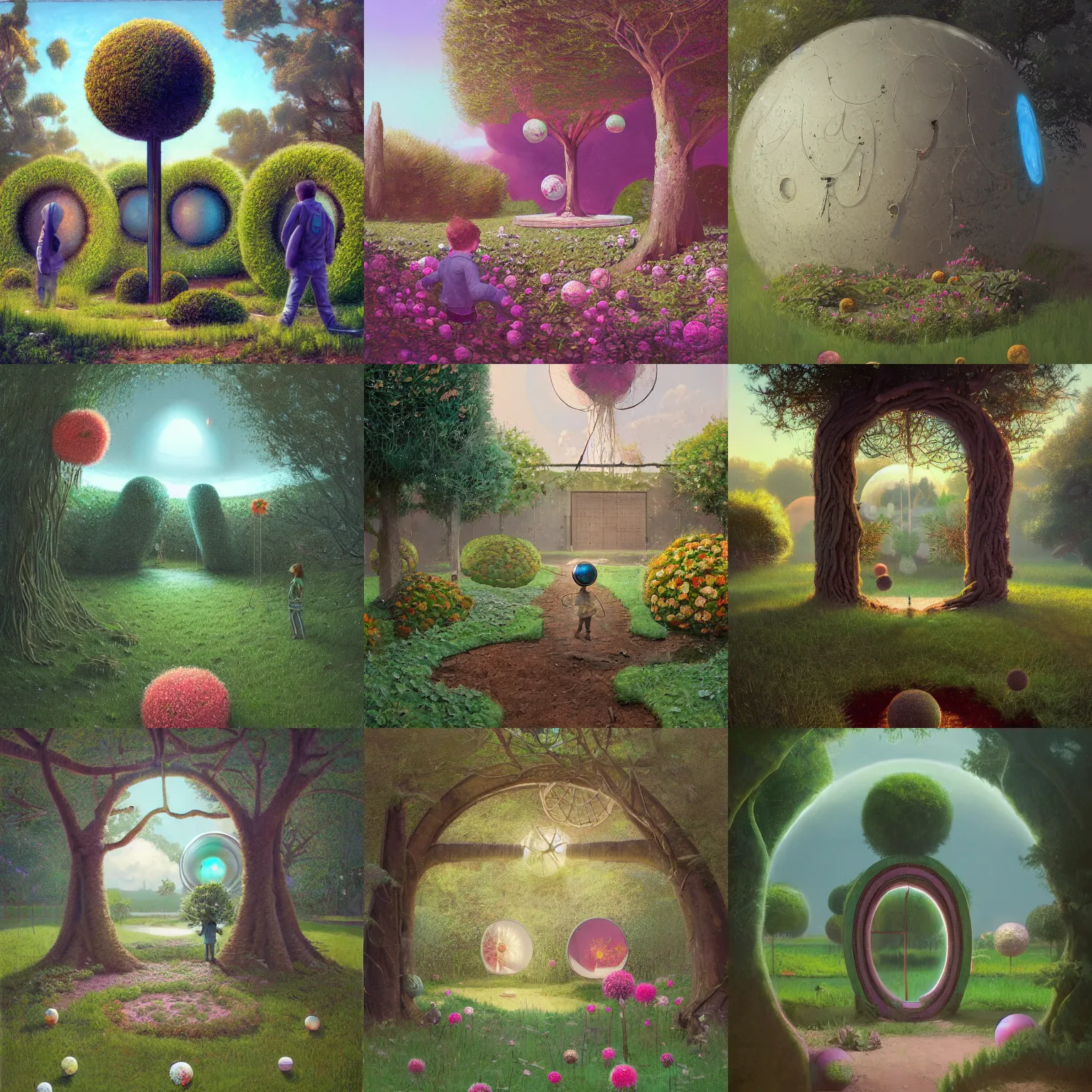 Prompt: a portal in a mysterious garden filled with spherical flowers and spiral trees, artwork by Scott Listfield, trending on art station