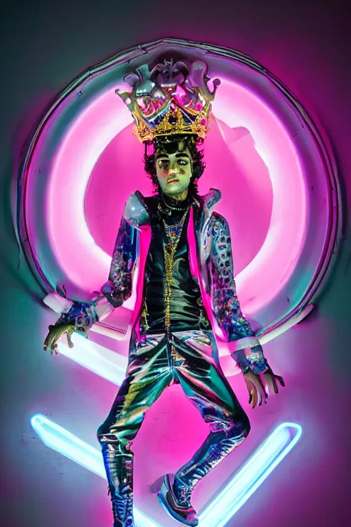 Prompt: full-body rococo and cyberpunk style neon statue of a young attractive Zayn Malik macho dotado e rico android sim roupa reclining con las piernas abertas e la piroca dura, glowing white lasers, glowing eyes, golden prince crown, black steampunk gears, pink diamonds, swirling mint-colored silk fabric. futuristic elements. black dripping tar. full-length view. space robots. human skulls. intricate artwork by caravaggio. Trending on artstation, octane render, cinematic lighting from the right, hyper realism, octane render, 8k, depth of field, 3D