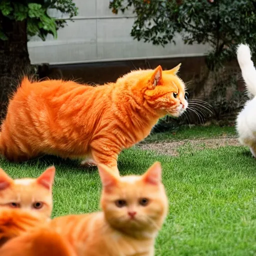 Image similar to a giant fat orange cat chasing and scaring a group of small dogs