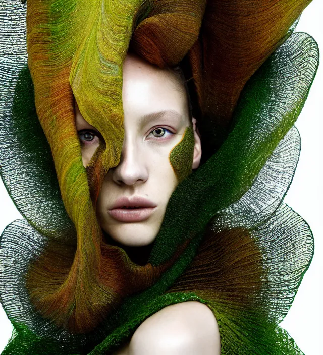 Image similar to photography face portrait of one female fashion model in rainforest, wearing one organic futurist shawl designed by iris van herpen,, creative colorfull - makeup, curly hair style half _ long, photography by paolo roversi nick knight, helmut newton, avedon, and araki, sky forest background, natural pose, highly detailed, skin grain detail