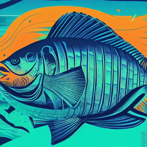 Image similar to profile of one stylized fish in center of view, dark ocean, complex patterns, artstation, intricate, realistic, highly detailed, digital painting, concept art, sharp focus, illustration by tom whalen and charles williams and kilian eng and james jean