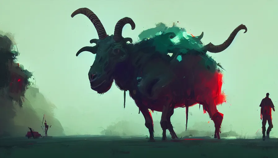 Prompt: ismail inceoglu and jama jurabaev's concept art, cel shadow, film shooting, trends on artstation, high quality, brush strokes, bright colors, a giant demon goat skull buried in the mysterious rain forest