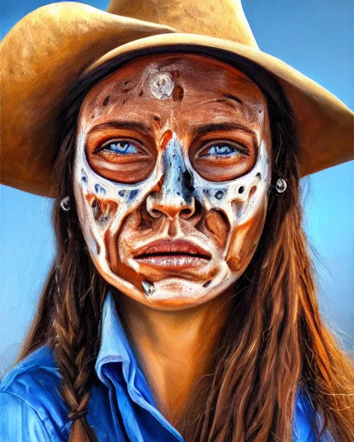 Image similar to oil painting portrait of cowgirl with half of her face burned and one blind eye, high production value, intricate details, high resolution, hdr, high definition, masterpiece, realistic, ultrarealistic, highly detailed, hd, sharp focus, non blurry, sharp, smooth