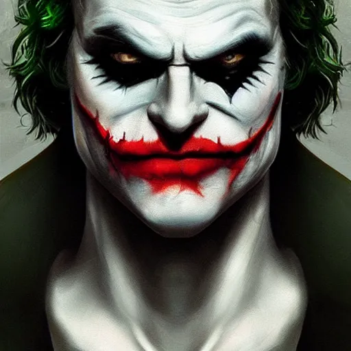 Image similar to the dark knight with joker makeup on the face, digital painting, amazing detail, artstation, cgsociety