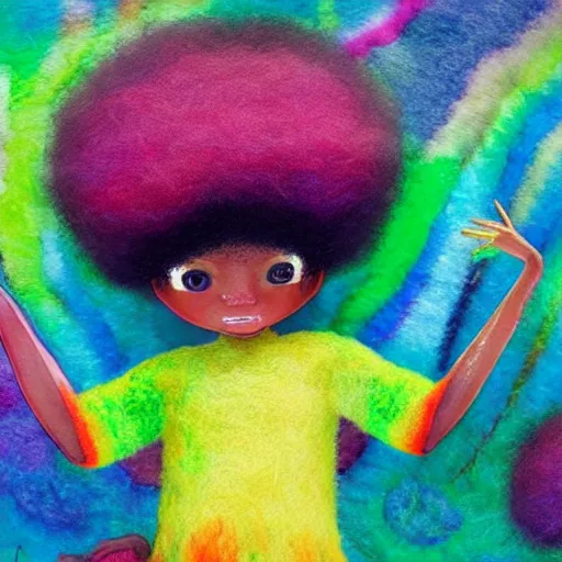 Image similar to a black girl with a colorful afro and rainbow eyes, in a candy forest! at night, bokeh, bright colours, watercolor, volumetric wool felting, macro photography, children illustration, by goro fujita