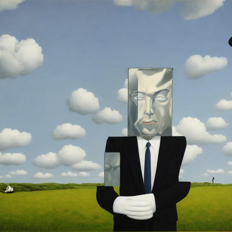 Prompt: portrait of a faceless reflective chrome - head man in a suit and black gloves, clouds and nature landscape in the background, by rene magritte, detailed painting, distance, centered, hd, hq, high resolution, high detail, 4 k, 8 k