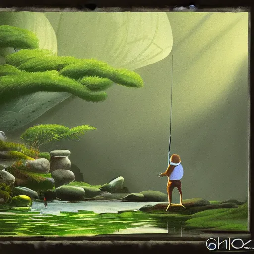 Prompt: painting of otter-fishman with fishing rod, stylized, octane render, morning forest river, Ghibli style, godraze, volume light