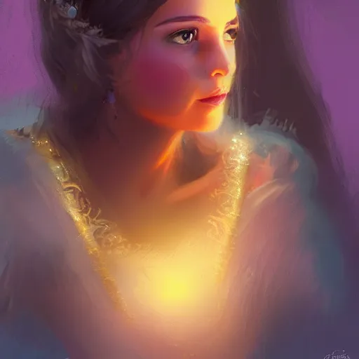 Prompt: a princess looking at a glowing crown, digital painting, hd, smooth, Rutkowski Greg, Tran Ross