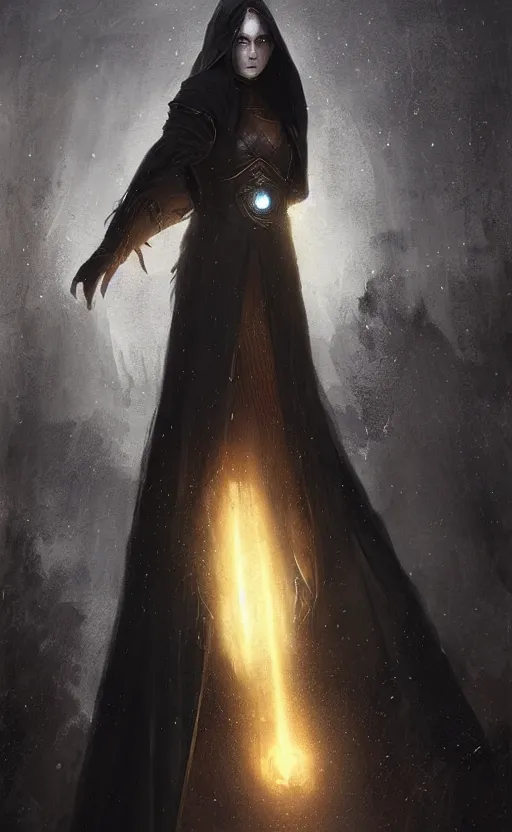 Prompt: Portrait of an aasimar in a black cloak with glowing eyes, detailed face, fantasy, highly detailed, cinematic lighting, digital art painting by greg rutkowski