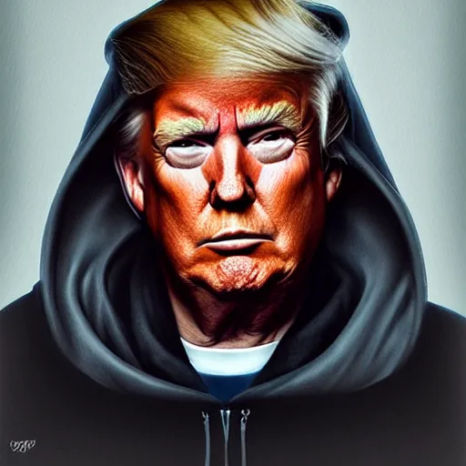 Image similar to donald trump wearing hood, ( eos 5 ds r, iso 1 0 0, f / 8, 1 / 1 2 5, 8 4 mm, postprocessed, crisp face, facial features ), art by greg rutkowski