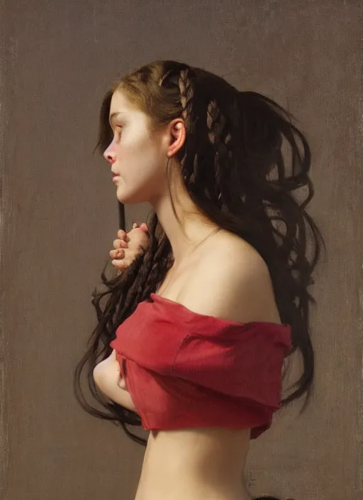 Prompt: painting of a teenage girl with plaits, red tube top, side view, looking down, jeremy lipking, serge marshennikov, sophie anderson, mark arian, bob byerley, charlie bowater, mark brooks, justin gerard, ross tran, wlop