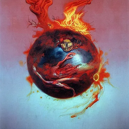 Image similar to a sphere being devoured by abstract splatters of paint in the style of francis bacon, venus being engulfed in flames in the style of james jean, surreal, beksinski, high detailed