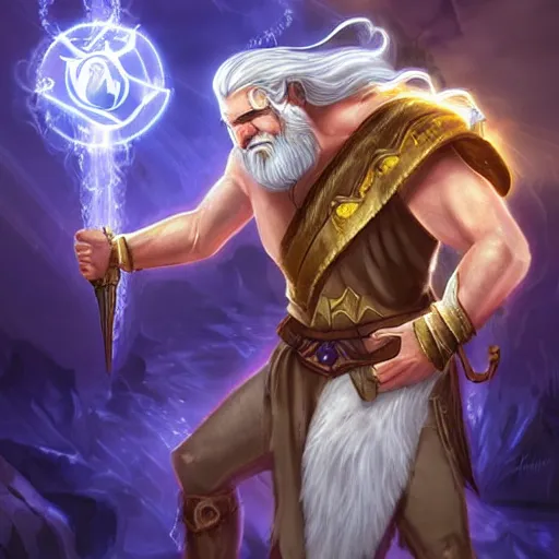 Image similar to Zeus with white beard and hair, lightning bolt in Zeus's hand, hearthstone art style, epic fantasy style art, fantasy epic digital art, epic fantasy card game art