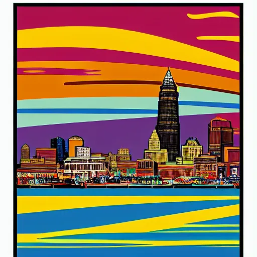 Prompt: landscape of cleveland skyline by Shepard Fairey, concept art, photo realistic, high resolution, contrast, colorful, rainbow