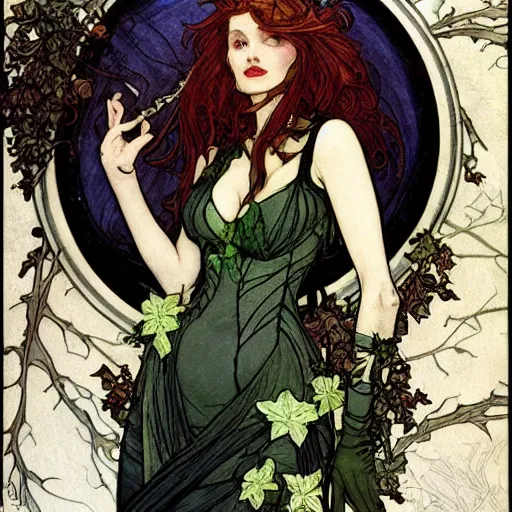 Prompt: a beautiful picture of doctor poison ivy professor of botany holding office hours, academic clothing, dark eyeliner, intricate, elegant, highly detailed, digital painting, artstation, concept art, matte, sharp focus, illustration, art by rebecca guay and by arthur rackham and by alphonse mucha and by john william waterhouse