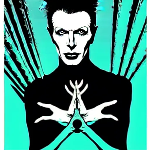 Image similar to vector art solarized screenprint of trent reznor as david bowie as dream of the endless ( sandman ) by brian bolland and andy warhol