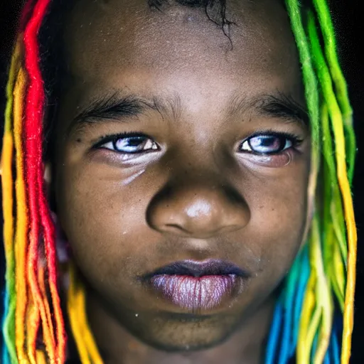 Image similar to a black boy with colored dread, in dark room, flash, polaroid effect, 4 k, high resolution