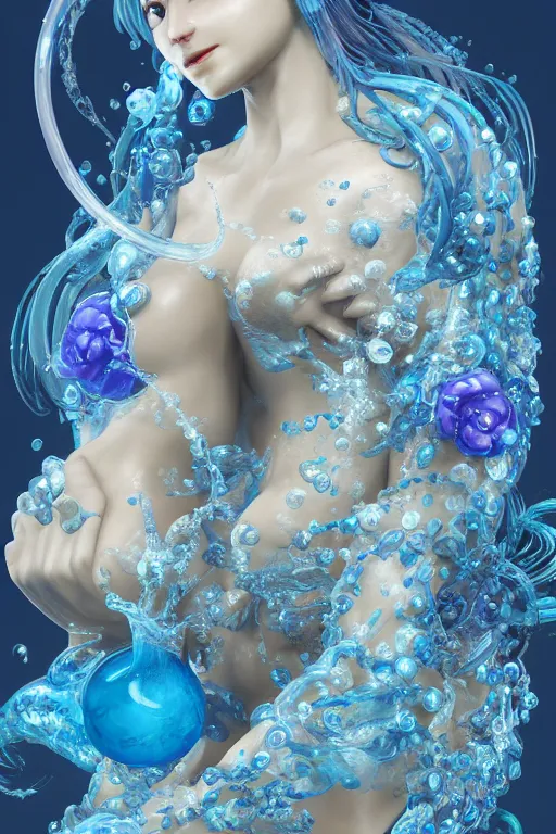 Image similar to epic 3 d yemaya, caring goddess, liquid fish and flowers spinning, 2 0 mm, with cerulean and white foam, melting smoothly into asymmetrical bubbles and flowers, liquid, delicate, intricate, houdini sidefx, trending on artstation, by jeremy mann and ilya kuvshinov, jamie hewlett and ayami kojima