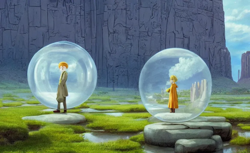 Prompt: a scary hyperrealist painting of a guru in a giant transparent bubble from howl's moving castle ( 2 0 0 4 ) in a flooded monument valley stonehenge jungle. depth perception, 4 k, artstation, in the style of studio ghibli