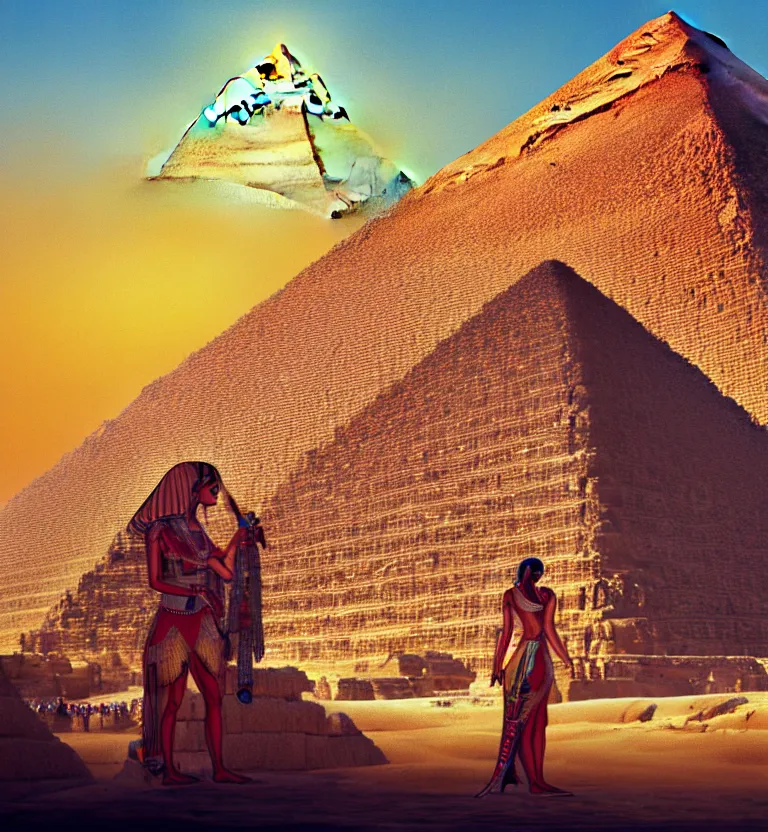 Image similar to a concept painting showing a giant cleopatra on the side of the great pyramid of giza. good quality, good light, anatomically correct, digital art, artstation 8 k