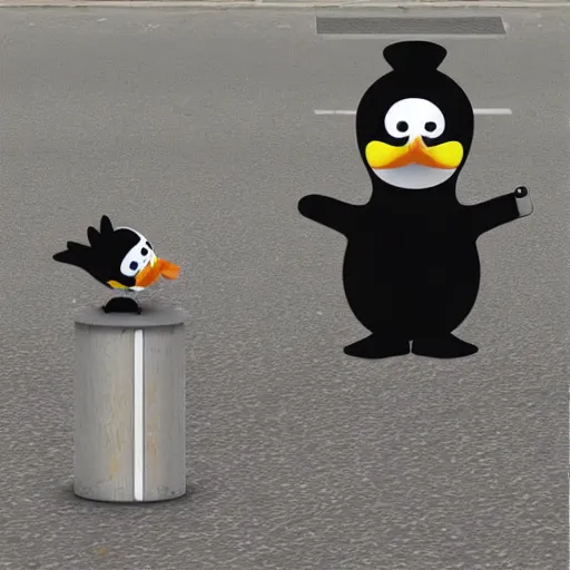 Prompt: Pengu trying to sell stuff on the street, in the style of Otmar Gutmann and Erika Brueggemann, digital art